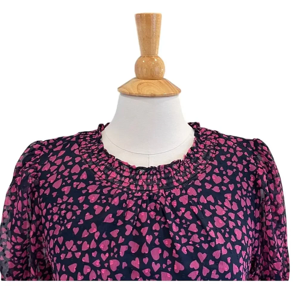 New LOFT Navy Blouse, Pink Hearts, Puff Sleeve, Sheer Sleeve, Size S